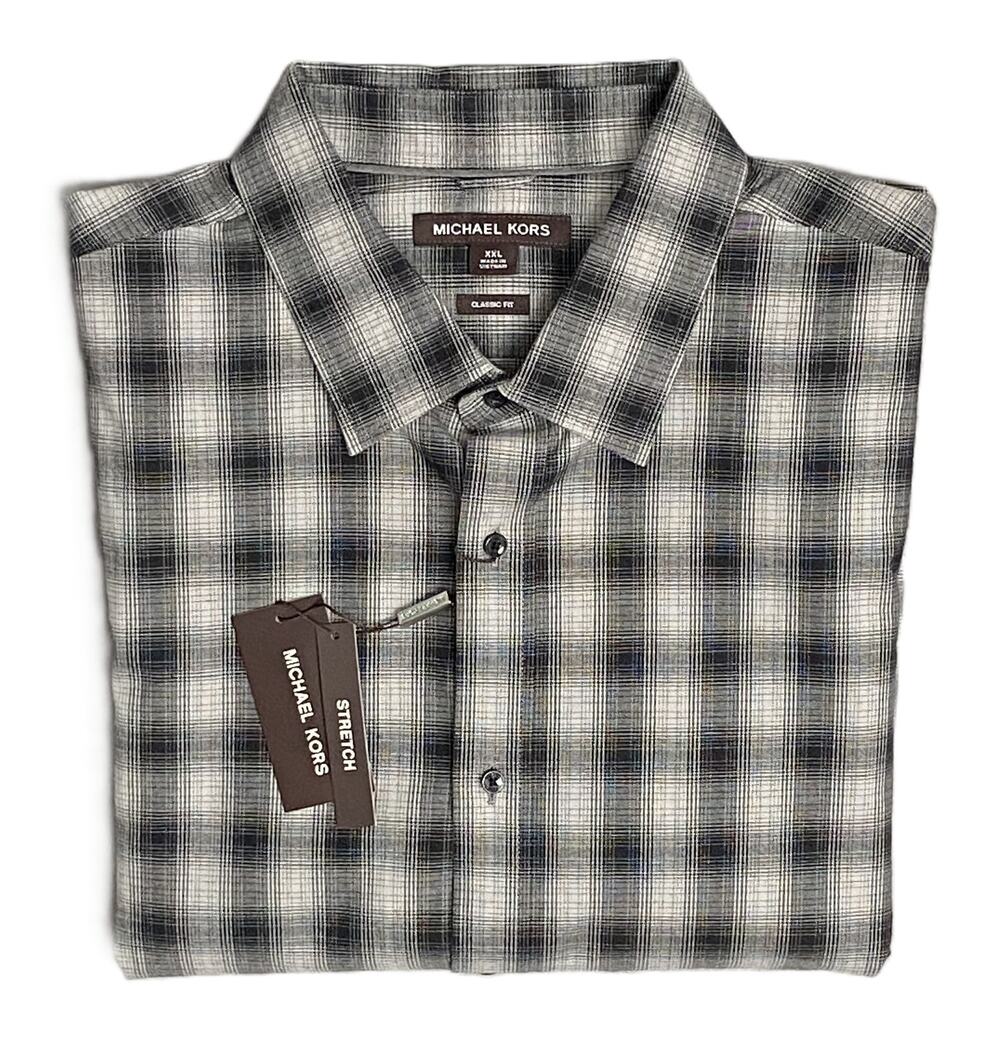 Michael Kors Flannel Shirt Men's XXL Classic Fit Black Grey Plaid Stretch NWT